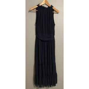 Max Studio Dress Womens Medium Blue Chiffon Maxi High Neck Tiered Boho Fairy